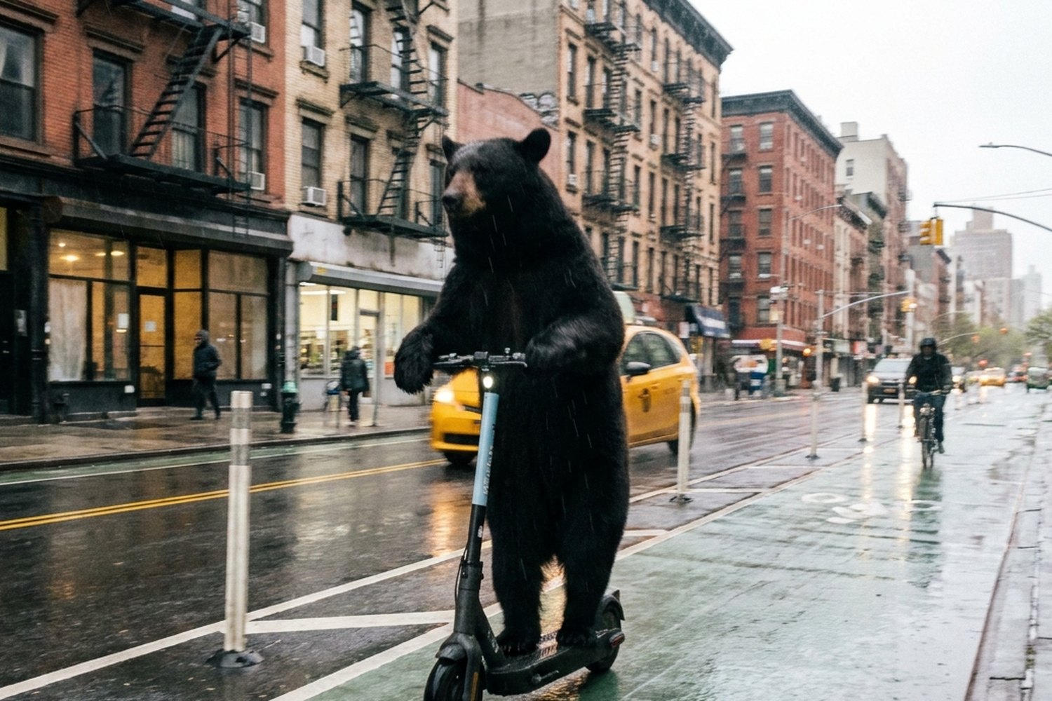 A black bear standing on an electric scooter in a Manhattan bike lane